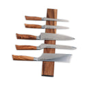 Five kitchen knives with wooden handles are magnetically attached to a 17.75" Messermeister Wall Wood Knife Magnet Bar, displayed on a white background. The knives vary in size and shape, each designed for different cooking tasks.