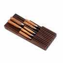The Messermeister In-Drawer Knife Holder - 11 Slot by Messermeister is a stylish storage solution, crafted from dark wood, designed to neatly organize and store your kitchen knives in a drawer.