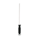 The Messermeister 1200 Grit Ceramic Sharpening Rod - 12" features a black handle with a metal ring and is shown vertically against a plain white background.