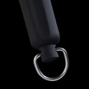 Close-up of the Messermeister 1200 Grit Ceramic Sharpening Rod - 12" in black, showcasing its embossed logo and metal D-ring, set against a solid black background.