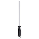 The Messermeister 1200 Grit Ceramic Sharpening Rod – 12" features a long white ceramic shaft and a black handle with a metal hanging ring, making it an ideal tool for maintaining razor-sharp knife edges.