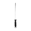 The Messermeister Meridian Elite Next Level Block Set - 5 Piece, by Messermeister, features a metal honing steel with a long rod, black handle, and hanging loop—an ideal partner for your German stainless steel knives—displayed on a plain white background.
