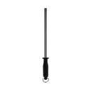 The Messermeister 4-Sided Diamond Sharpening Rod - 12" features a black handle and metal loop, displayed vertically against a plain white background.
