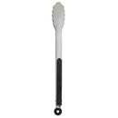 The Messermeister Stainless Locking Tongs - 16" feature scalloped edges, a black handle grip, and a hanging loop—ideal for grilling or everyday cooking.
