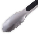 A close-up of the 16" Messermeister Stainless Locking Tongs, featuring scalloped edges and a black handle grip, set against a white background.