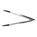 Messermeister Stainless Locking Tongs - 12", featuring black silicone tips and handles, shown open against a white background. Convenient locking mechanism allows for easy storage.