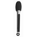 The Messermeister Silicone Coated Locking Tongs - 9" feature black silicone tips and handle, a locking ring, and are heat-resistant—ideal for use with nonstick cookware.
