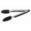 The Messermeister Silicone Coated Locking Tongs - 9" feature black silicone tips and handle grips, shown partially closed on a white background. These nonstick-safe tongs by Messermeister are ideal for handling hot foods without scratching cookware.