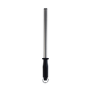 The Messermeister 800 Grit Diamond Sharpening Rod - 12" features a black handle with a metal ring, shown standing vertically against a plain white background.