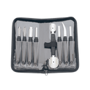 The Messermeister 9 Piece Garnishing Tool Set includes nine stainless steel tools with black handles, all in a zippered case with individual slots—ideal for professional food presentation.