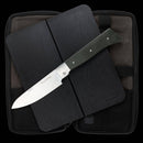 The Messermeister Adventure Chef Linen Basecamp Set - 3 Piece features chef-quality folding knives with a dark handle and silver blade, displayed on a black, textured bi-fold case with elastic straps and zippered edges—perfect for outdoor chefs.