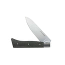 The Messermeister Adventure Chef Linen Folding Chef's Knife - 6" features a stainless steel blade and black handle—shown partially opened on a white background, it's the ideal portable chef’s knife for culinary adventures.