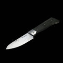 The Messermeister Adventure Chef Linen Folding Chef's Knife - 6", featuring a stainless steel blade and dark handle, is shown partially open with "Elvenstar" engraved near the hinge—an ideal chef knife for culinary adventures.