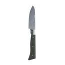 The Messermeister Adventure Chef Linen Folding Chef's Knife - 6" features a silver, slightly curved blade and an ergonomic dark green handle with two rivets, displayed against a white background.