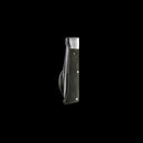 The Messermeister Adventure Chef Linen Folding Camp Utensil by Messermeister features a black textured handle and silver ends, shown closed and upright on a black background—an essential tool for any outdoor dining kit.