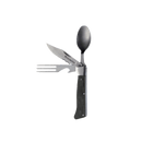 The Messermeister Adventure Chef Linen Folding Camp Utensil features a knife, spoon, and fork on a single black handle—ideal for outdoor dining—shown against a white background. Brand: Messermeister.