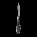 The Messermeister Adventure Chef Linen Folding Camp Utensil features a textured dark handle and a partially serrated stainless steel blade, shown vertically against a black background.
