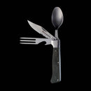 The Messermeister Adventure Chef Linen Folding Camp Utensil by Messermeister features a spoon, knife, and fork extending from a dark handle, shown against a solid black background.