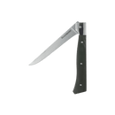 The Messermeister Adventure Chef Linen Folding Flexible Fillet Knife - 6" features a slim, silver blade partially extended from a dark, textured handle with three rivets and "Messermeister Adventure Chef" engraved on the blade.