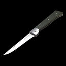 The Messermeister Adventure Chef Linen Folding Flexible Fillet Knife - 6" features a slim, pointed stainless steel blade with a dark green handle and an engraving near the hinge, displayed partially open against a black background.