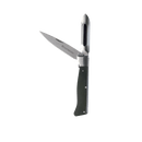 The Messermeister Adventure Chef Linen Folding Peeler & Parer features a sharp blade and folding peeler with a green handle, both extended and standing upright against a plain white background—ideal for outdoor cooking and camping.
