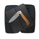 The Messermeister Adventure Chef Maple Basecamp Set - 3 Piece features a folding knife with a wooden handle and German stainless steel blade, displayed on a black zippered case with padded interior—ideal for outdoor cooking.