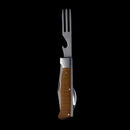 The Messermeister Adventure Chef Maple Folding Camp Utensil is a multi-tool pocket knife with a maple handle, extended fork, bottle opener, and spoon—displayed upright on black—ideal for outdoor chefs.