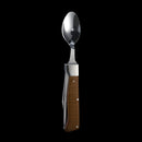 The Messermeister Adventure Chef Maple Folding Camp Utensil, featuring a metal spoon and a brown wooden handle, is shown upright against a solid black background—a perfect portable utensil for adventure chefs.