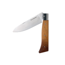 The Messermeister Adventure Chef Maple Folding Chef's Knife - 6" features a stainless steel blade and maple handle, partially open against a white background—perfect for chefs on the go.