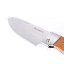 A close-up of the Messermeister Adventure Chef Maple Folding Chef's Knife - 6" shows its wide German stainless steel blade and maple wood handle against a white background.