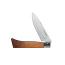 The Messermeister Adventure Chef Maple Folding Chef's Knife - 6" features a wooden handle and a partially open German stainless steel blade, engraved with the word Thisisneverthat.
