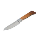 The Messermeister Adventure Chef Maple Folding Chef's Knife - 6" features a German stainless steel blade and wooden handle, shown fully open on a white background.