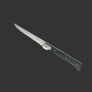 The Messermeister Adventure Chef Linen Folding Flexible Fillet Knife - 6" features a long, narrow stainless steel blade and a dark green handle, shown against a solid dark gray background.