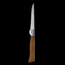 The Messermeister Adventure Chef Maple Folding Flexible Fillet Knife - 6" features a long, narrow German stainless steel blade and a wood and metal handle, displayed against a black background.