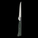 A Messermeister Adventure Chef Linen Folding Flexible Fillet Knife - 6" with a slim silver blade, partially open, and a dark green textured handle featuring two visible screws, set against a black background.