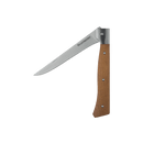 The Messermeister Adventure Chef Maple Folding Flexible Fillet Knife - 6" displays its German stainless steel blade partially open with a wooden handle, set against a plain white background.