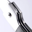 Close-up of the Messermeister Adventure Chef Linen Folding Flexible Fillet Knife - 6" locking mechanism, displaying its metal blade, handle, and securing screw against a white background.