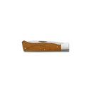 The Messermeister Adventure Chef Maple Folding Peeler & Parer, a closed pocket knife with a maple wood handle and silver bolster, is shown against a plain white background.