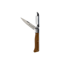 The Messermeister Adventure Chef Maple Folding Peeler & Parer is a compact pocket knife with a maple wood handle, featuring an open paring blade on one side and a folding peeler on the other, shown on a plain white background.