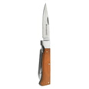 The Messermeister Adventure Chef Maple Folding Peeler & Parer features a slim, pointed stainless steel blade and a maple wood handle. Shown open, it resembles a compact chef’s knife with "Messermeister" engraved on the blade.
