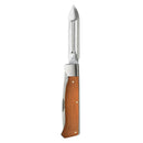 The Messermeister Adventure Chef Maple Folding Peeler & Parer, featuring a serrated stainless steel blade and wooden handle, stands upright against a white background.