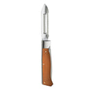 The Messermeister Adventure Chef Maple Folding Peeler & Parer features a serrated stainless steel blade and maple wood handle, shown here against a white background.