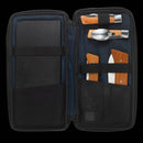 The Messermeister Adventure Chef Maple Summit Set - 6 Piece features chef-grade knives, a fork, spoon with wooden handles, and a cutting board in a black zippered case—ideal for your outdoor kitchen adventures.
