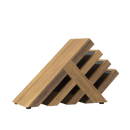 A modern, angled wooden wine rack with four slots pairs perfectly with the Messermeister Avanta Damascus Block Set - 10 Piece. The rack, made of light brown wood in a geometric A-frame style, stands on black feet against a white background.