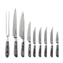 The Messermeister Avanta Damascus Block Set - 10 Piece features premium VG10 Japanese stainless steel utensils with black handles, including a knife set and carving fork, arranged in a row on a white background.