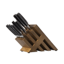 The Messermeister Avanta Damascus Block Set - 10 Piece displays VG10 Japanese steel knives with black handles in a wooden magnetic block, arranged neatly against a plain white background.