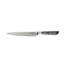 The Messermeister Avanta Damascus Carving Set - 2 Piece features sharp, silver Japanese VG10 stainless steel blades with a patterned finish and black handles, shown isolated on a white background.