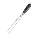 The Messermeister Avanta Damascus Carving Set - 2 Piece features a stainless steel carving fork with two sharp tines and a black, double-riveted handle, displayed against a plain white background.