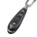 Close-up of Messermeister Avanta Damascus Carving Set handle, featuring smooth dark wood with metal rivets and accents, part of a 2-piece set, shown against a white background.