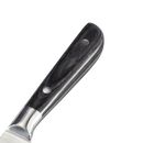 Close-up of the black wooden handle with two metal rivets from the Messermeister Avanta Damascus Carving Set, attached to a VG10 Japanese stainless steel blade by Messermeister, set against a plain white background.